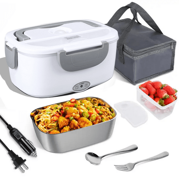 Electric Lunch Box Food Heater, 3 in 1 Heating Lunch Box for Work/Car/Truck, Heated Lunch Boxes for Adults with 1.5L Stainless Steel Container, 12V 24V 110V (White )