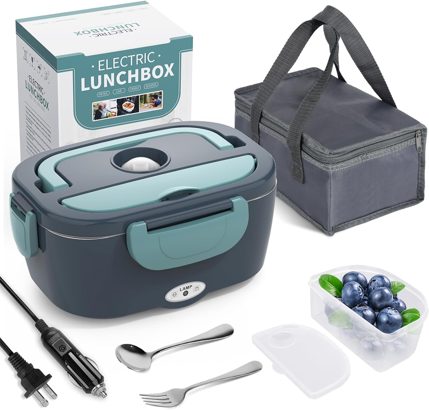 Electric Lunch Box Food Heater 3 in 1 Ultra Quick Heated Boxes for Adults 12V/24V/110V Portable Warmer Car/Truck/Office With Fork Spoon and Insulated Carry Bag