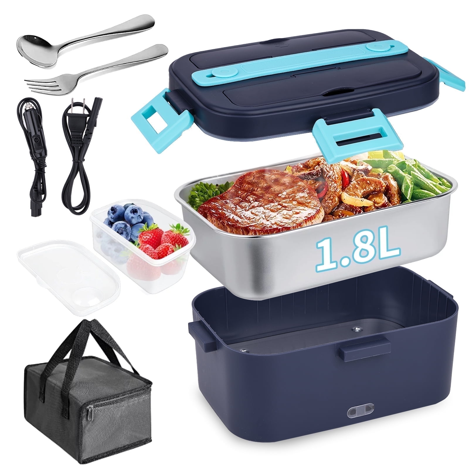 Electric Lunch Box Food Heater, 80W Heated Lunchbox for Adults, Portable Food Warmer with 1.8L Stainless Steel Container/Fork/Spoon for Car Office School, 2 Compartments with Carry Bag 12V-24V 110V