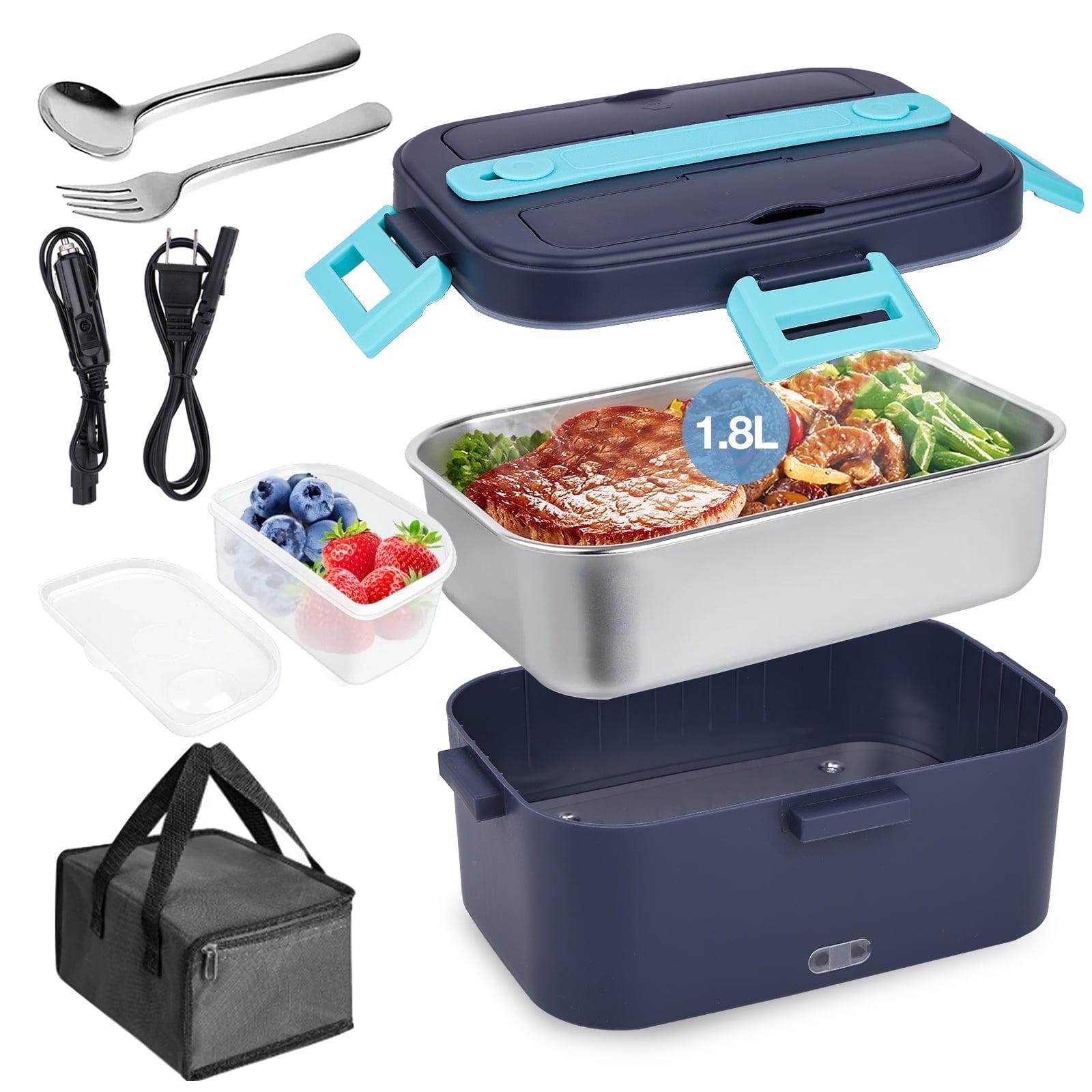 Electric Lunch Box Food Heater, 80W Heated Lunchbox for Adults, Portable Food Warmer with 1.8L Stainless Steel Container/Fork/Spoon for Car Office School, 2 Compartments with Carry Bag 12V-24V 110V