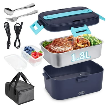 Electric Lunch Box Food Heater, 80W Heated Lunchbox for Adults, Portable Food Warmer with 1.8L Stainless Steel Container/Fork/Spoon for Car Office School, 2 Compartments with Carry Bag 12V-24V 110V