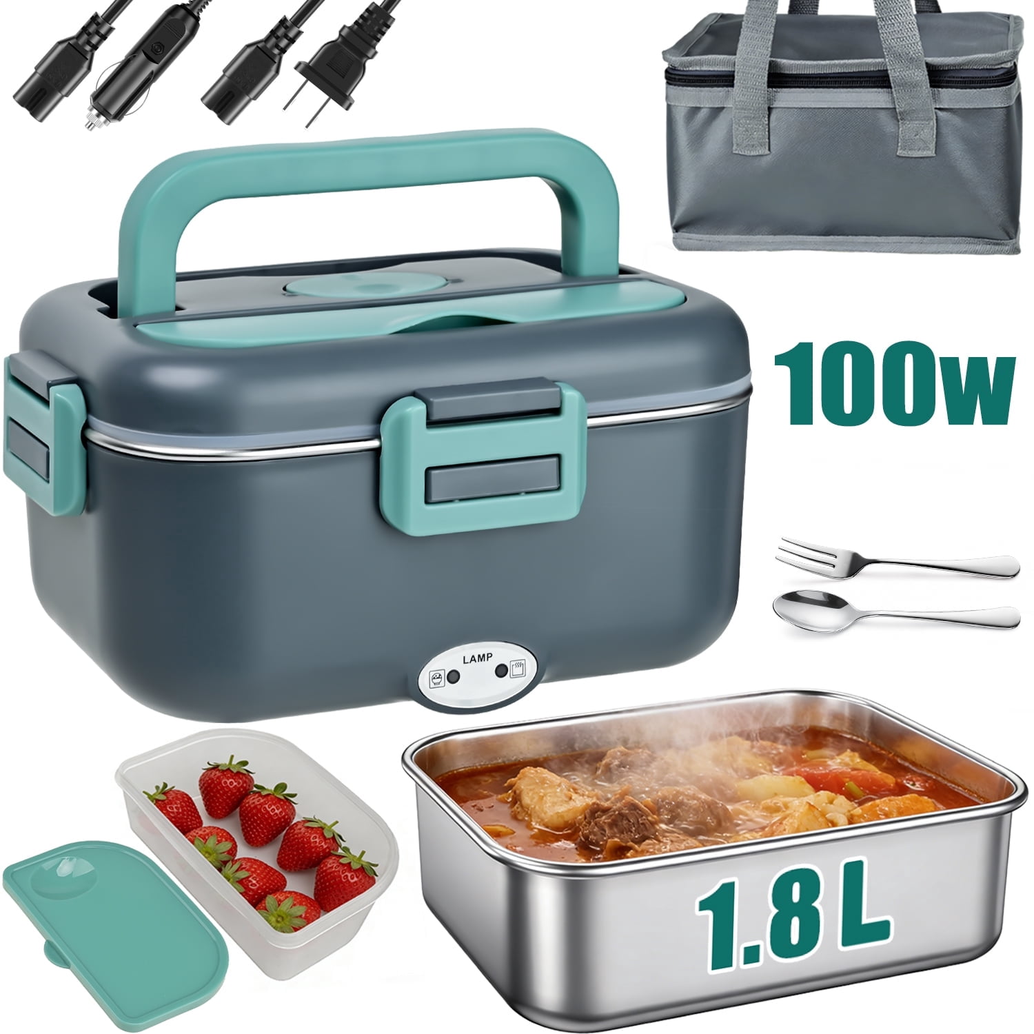 TINANA Electric Lunch Box Food Warmer 1.8L, 100W Heated Lunch Box for Adults, Portable Food Heater for Work, Car & Truck, Fast Heating and Stainless Steel Tray