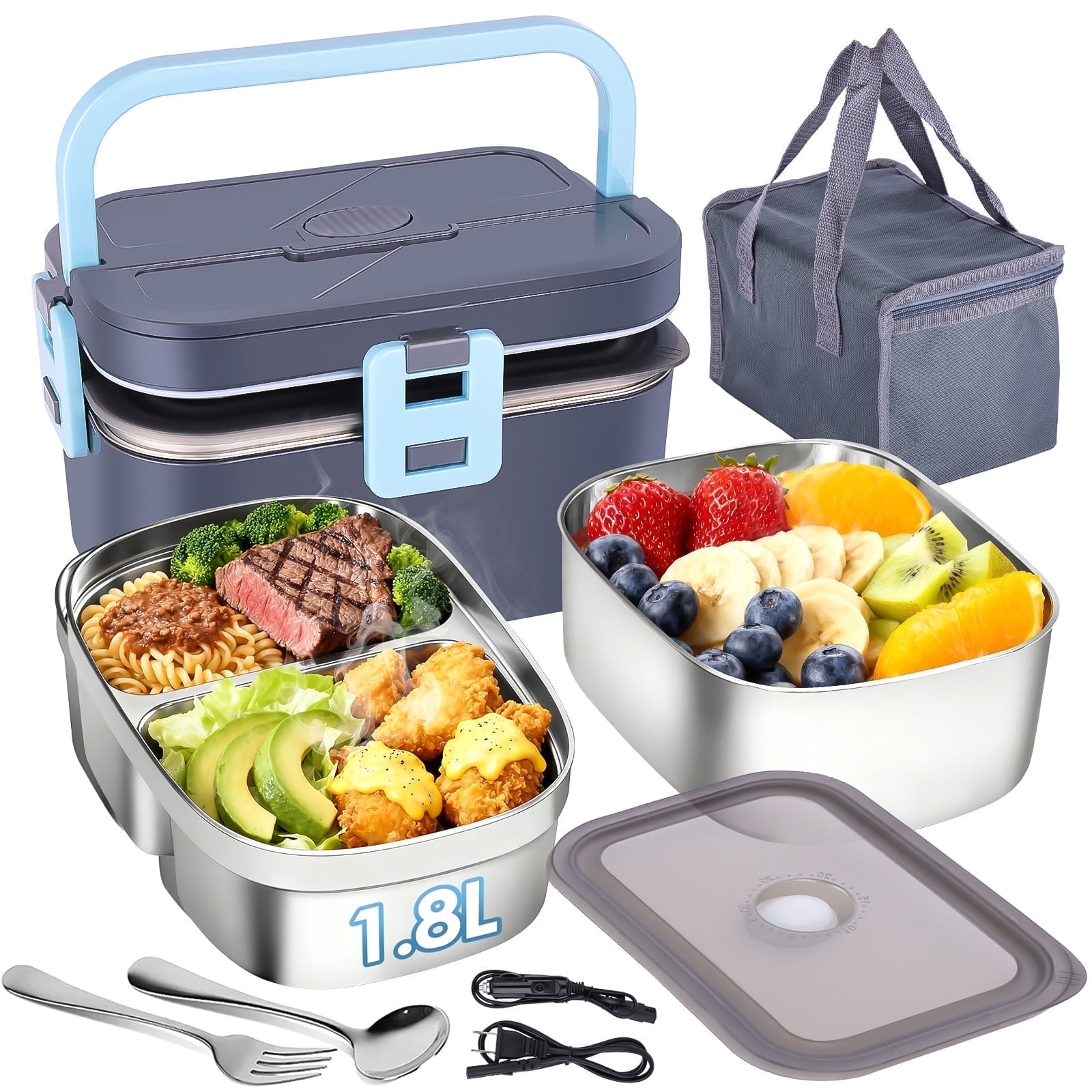 Electric Lunch Box Food Heater for Work, 100W Heated Lunch Box for Adults, Portable Food Warmer with 2 Packs Stainless Steel Containers for Car, Office, School with Carry Bag 12V-24V 110V