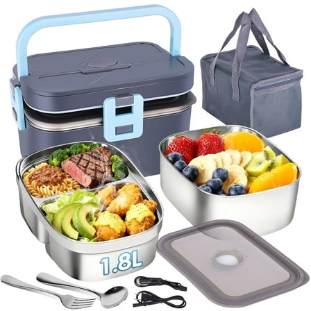 Electric Lunch Box Food Heater for Work, 100W Heated Lunch Box for Adults, Portable Food Warmer with 2 Packs Stainless Steel Containers for Car, Office, School with Carry Bag 12V-24V 110V