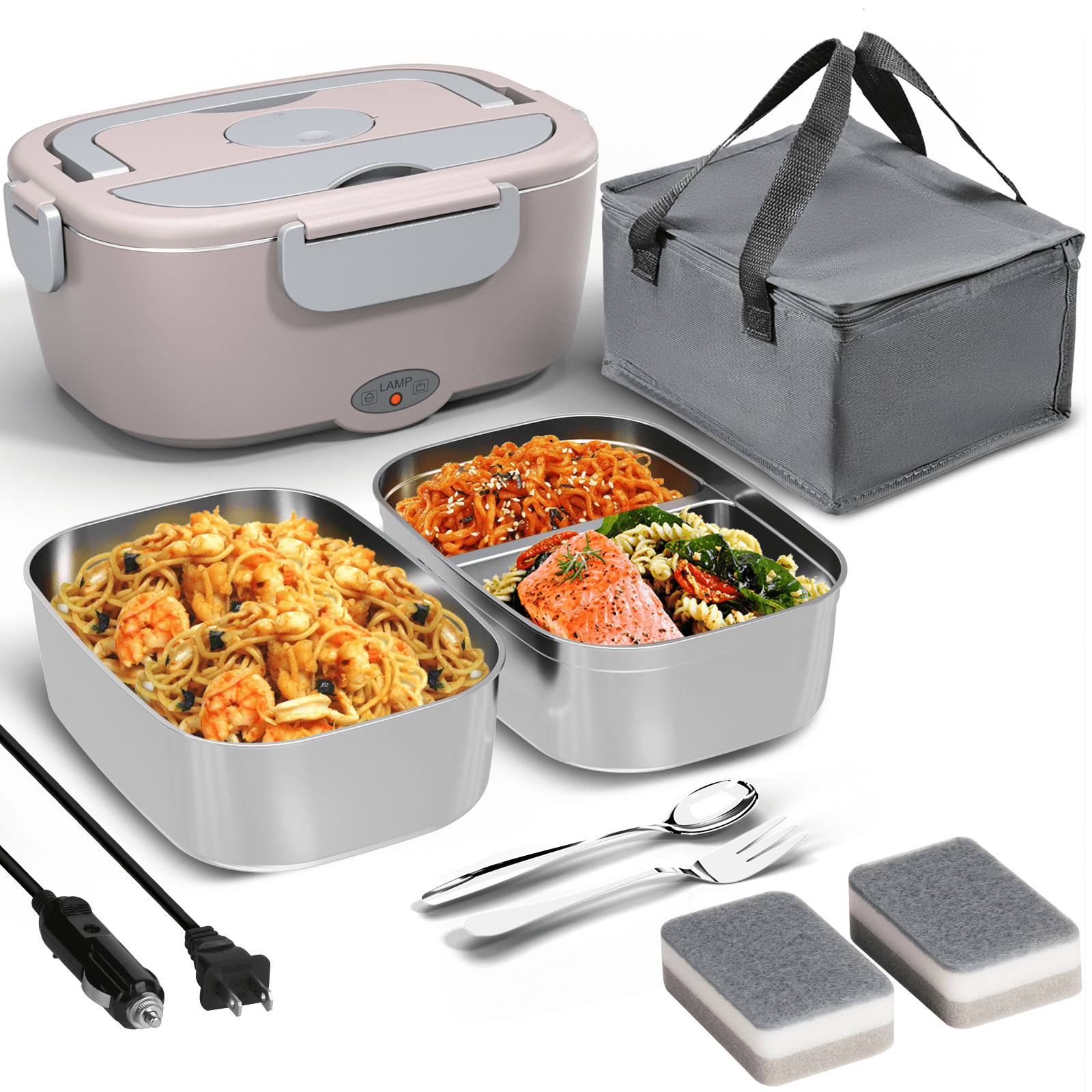 Electric Lunch Box Food Heater for Work, 80 W Food Warmer for Car Truck Travel with 2 Stainless Steel Containers 1.5 Liters Potable Self Heating lunch Box for Adults lonchera eléctrica portátil