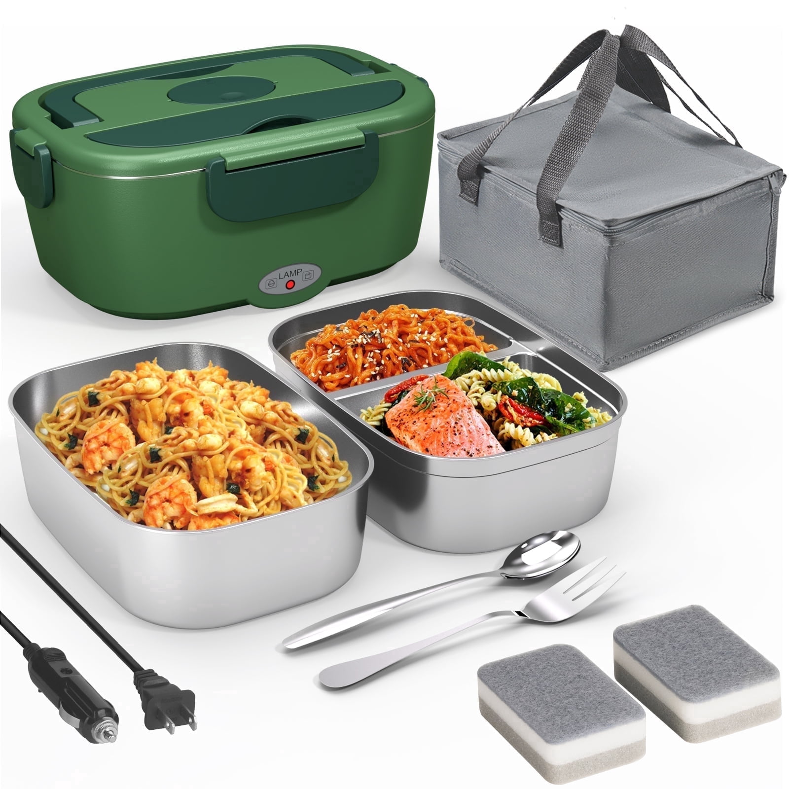 Electric Lunch Box Food Heater for Work, 80 W Food Warmer for Car Truck Travel with 2 Stainless Steel Containers 1.5 Liters Potable Self Heating lunch Box for Adults lonchera eléctrica portátil