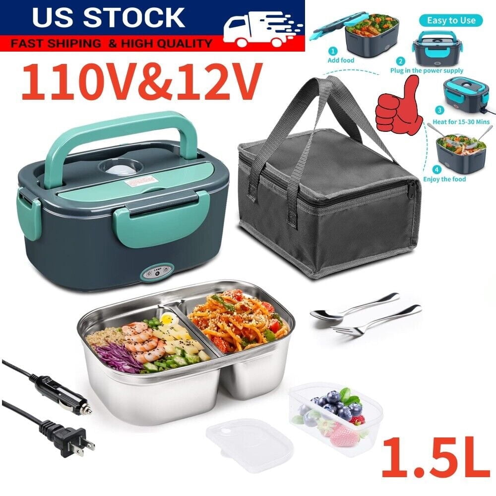 MDHAND Portable Electric Lunch Box, 1.5L Food Warmer for Car & Home with 12V/110V, Green