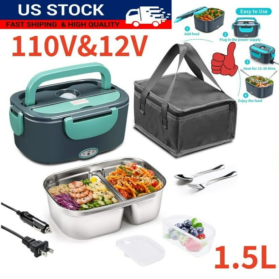Electric Lunch Box Food Warmer - 2-In-1 Portable Food Heater for Car & Home - Leak Proof, Lunch Heating Microwave for Truckers with Removable Stainless Steel Container 1.5 L, 110V/12V