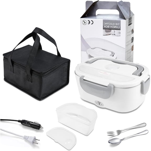 Electric Lunch Box, Heated Lunch Box for 110V Home/Office & 12V Car Use, Thermal Lunch Box for Car/Home/Office, with Bag, Fork and Spoon, Heat Preservation & Leak Resistant, Gray,1.5 L