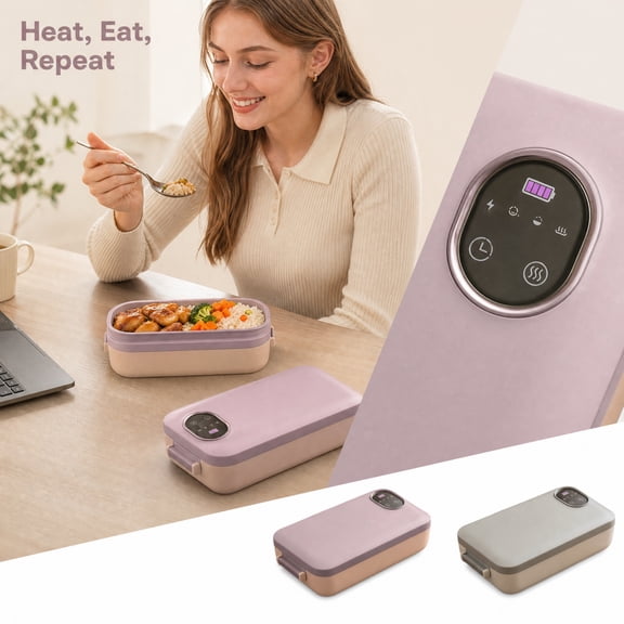 Electric Lunch Box Heater, Lunch Heater Portable for Work, Portable Lunch Box Warmer, Hot Lunch Container, Rechargeable No-Water Plug-In Heated Lunch Box in Muted Gray, 10X6X3 in