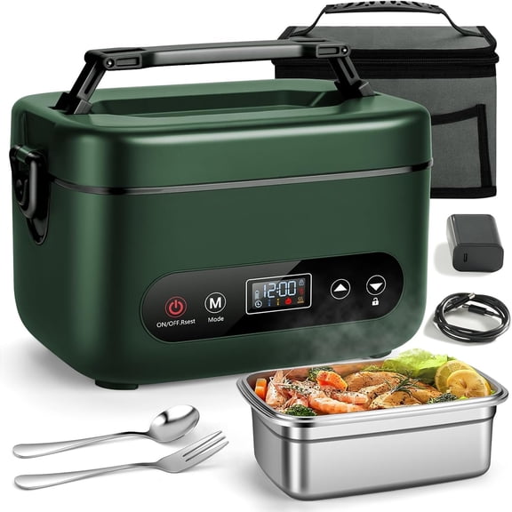 Electric Lunch Box for Men, 1.2L Cordless Heated Lunch Box, 24000mAh Rechargeable Portable Warmer with Auto Temperature Control, 5-Sided Heating, Leakproof, for Office, Outdoors & , Green