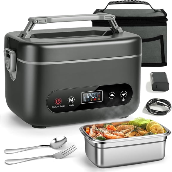 Electric Lunch Box for Men, 1.2L Cordless Heated Lunch Box, 24000mAh Rechargeable Portable Warmer with Auto Temperature Control, 5-Sided Heating, Leakproof, for Office, Outdoors & , Black