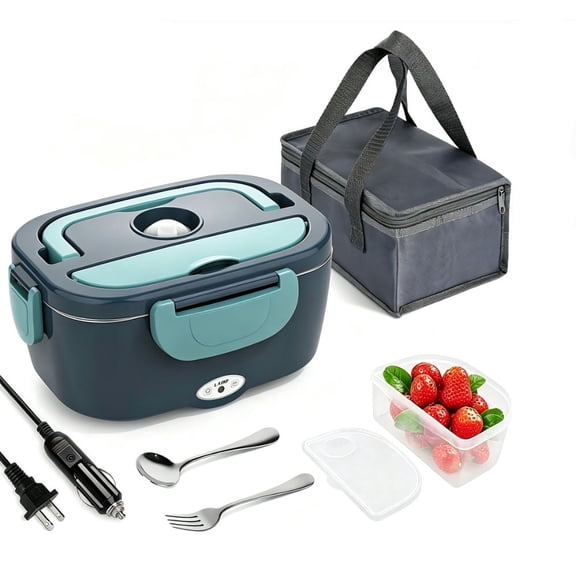 Electric Lunch Box, Portable Food Warmer for Car, Truck, Office, 12V 24V 110V Adapter, Leak Proof, 304 Stainless Steel Container, SS fork & Spoon and Carry Bag (Green)