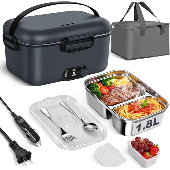 Electric Lunch Box Warmer 1.8L - 100W Mechanical Temperature Control Heated Lunch Box for Adults, 12V/24V/110V Heating Lunchbox Heater for Work//, Fiambrera electrica portatil