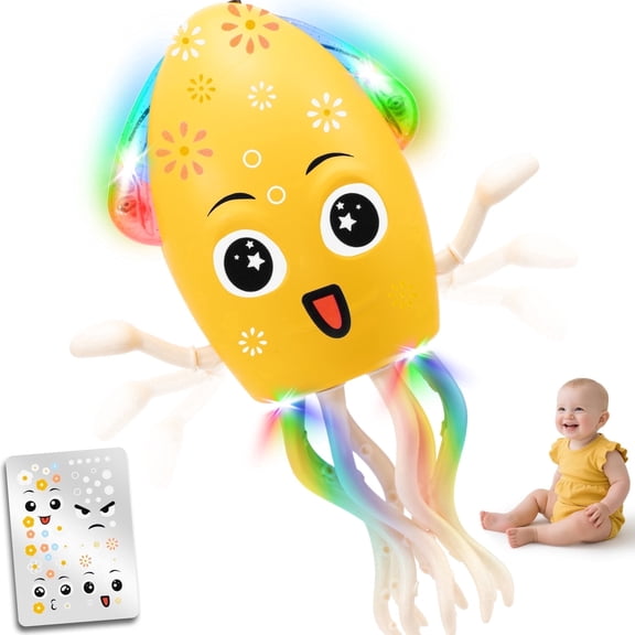 Gmdisc Electric Crawling Octopus Toy,Tummy Time Dancing Squid,Crawling Octopus Baby Toy DIY Expressions,USB Rechargeable,Yellow