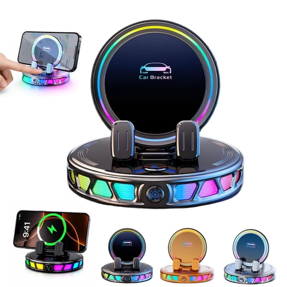 Electric Magnetic Wireless Charging Car Phone Mount with RGB Ambient Light, Auto-Clamping Vacuum Suction Phone Holder, 360° Rotation Dashboard Mount for All Cars, Vehicles