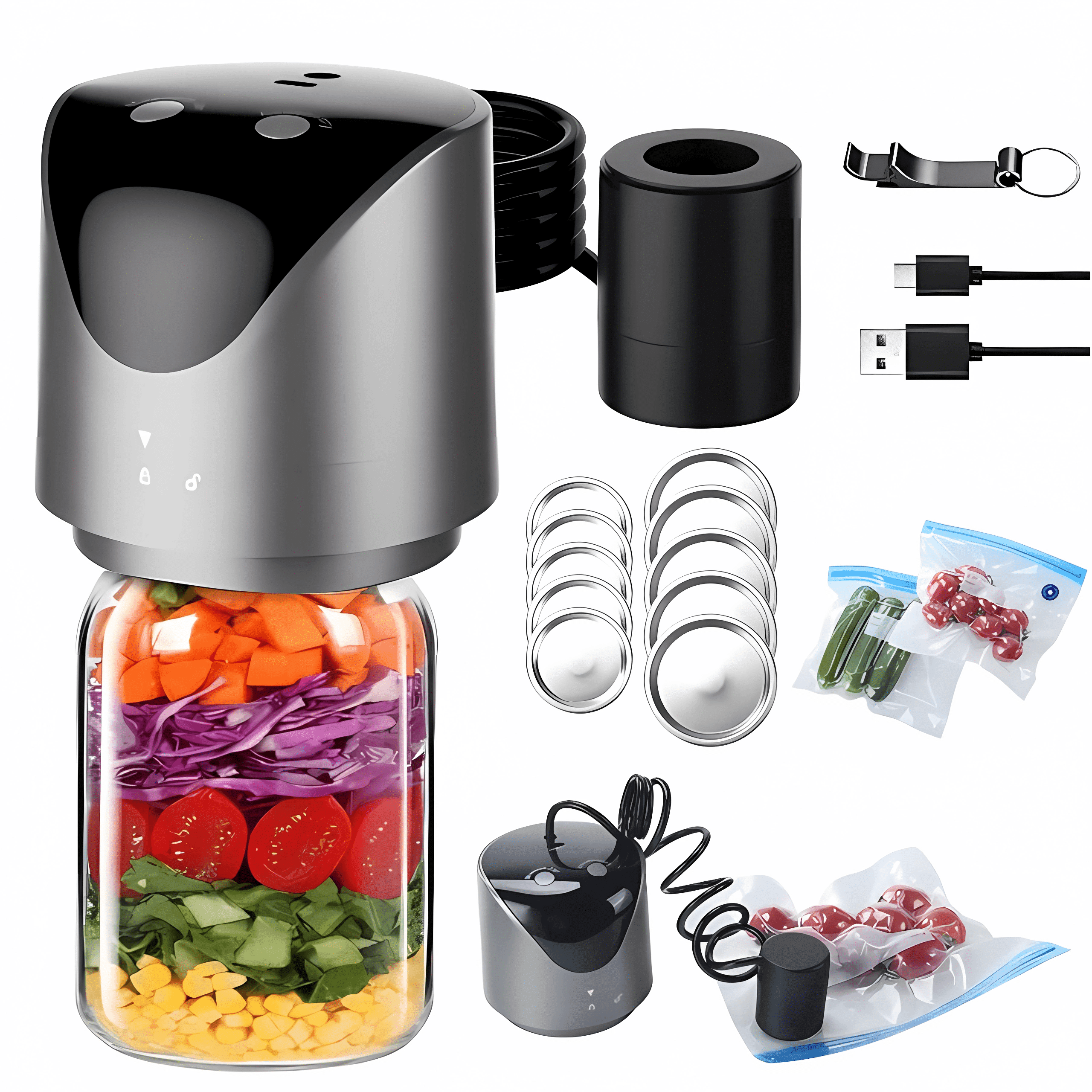 BANORES Electric Mason Jar Vacuum Sealer Kit - For Wide/Regular Mouth Jars, Bags & Containers, With Reusable Lids