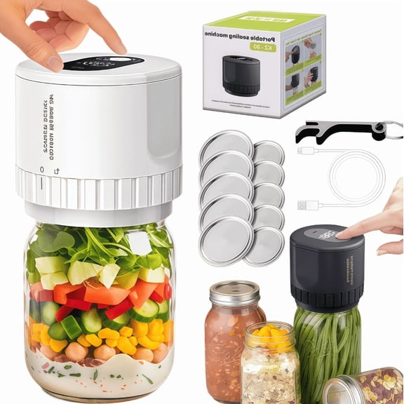 Electric Mason Jar Vacuum Sealer Kit, Automatic Cordless Food Vacuum Sealer for Wide Mouth & Regular Mouth Mason Jars, Rechargeable Jar Sealing Machine with Lids, Food Storage Preserver for Kitchen