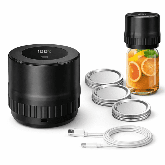 Electric Mason Jar Vacuum Sealer Kit, One-Button Vacuum Sealing for Wide & Regular Mouth Mason Jars, USB Rechargeable, Includes 5 Wide-Mouth Lids, 5 Regular-Mouth Lids & Type-C Cable, Black