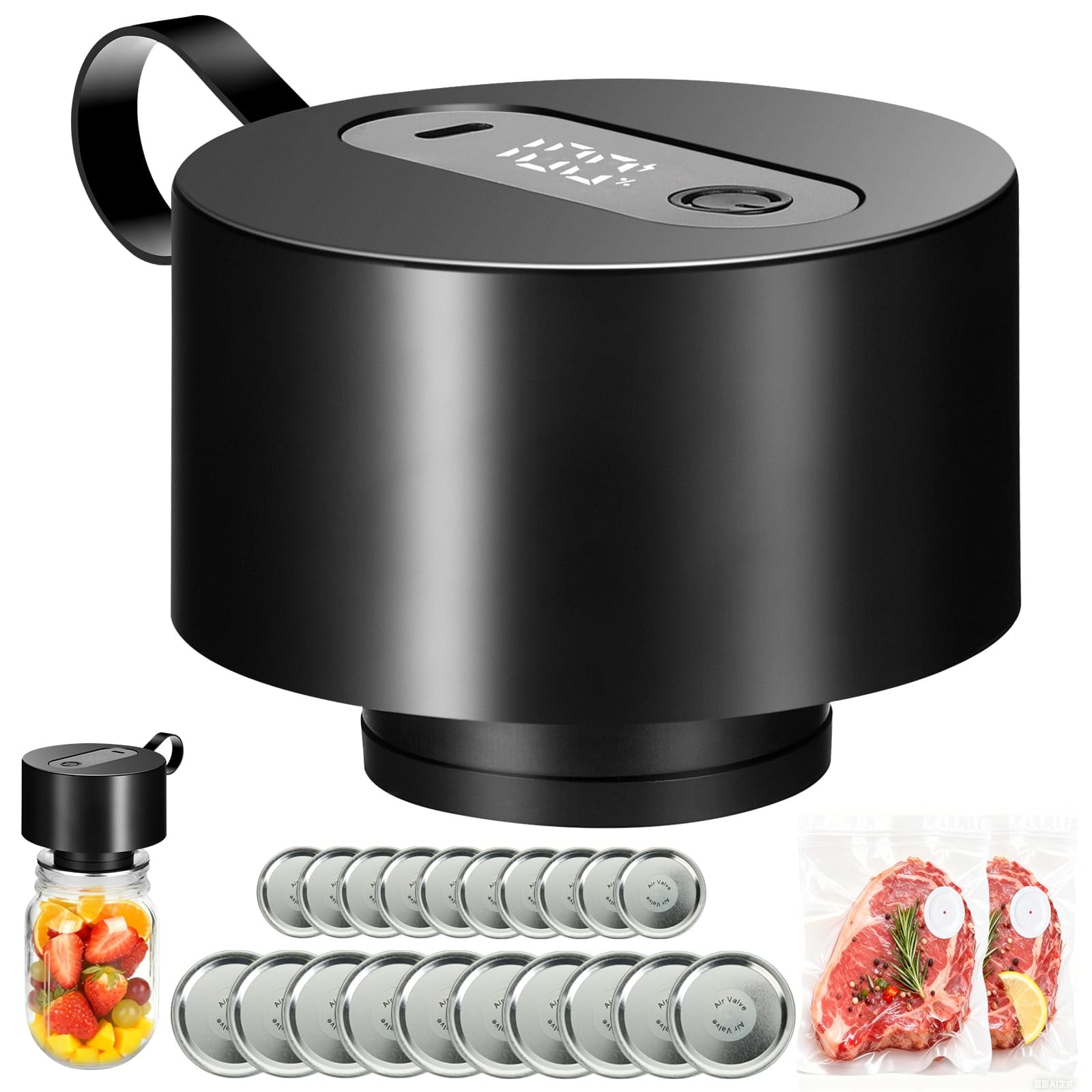 Electric Mason Jar Vacuum Sealer: Upgraded 3-in-1 Portable Vacuum Sealer Kit - for Mason Jars Vacuum Seal Bags & Containers - Ideal for Jams Pickles Dry Foods Grains Black
