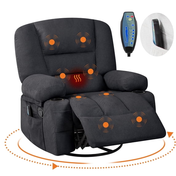 Electric Massage Recliner Chair, 3-in-1 Heated Vibration 360° Swivel Rocker with Storage Pockets for Living Room & Bedroom
