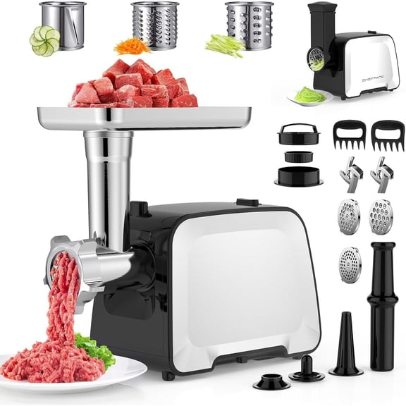 Electric Meat , 2000W Max Sausage Stuffer Maker, Vegetable Cheese Grater with 3 Shredder Slicer , 2 , 3 Plates, Sausage Tube, 2 Meat Claws, Burger Press & Kubbe Kit