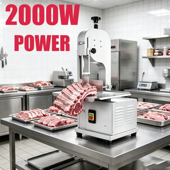 Electric Meat Bandsaw2000w, 20x16"Stainless Steel Worktable, Commercial Bandsaw Machine, Frozen Meat Cutter with 8 Blades Included, Cuts 0.048" Thickness for Rib Pork Beef Lamb Processing
