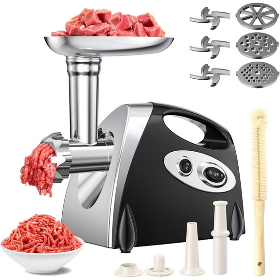 Electric Meat Grinder: 2500W Max, Stainless Steel 3 Blades & 3 Plates. Includes Sausage Stuffer Tube, Kubbe KitHeavy Duty For Home Kitchen & Commercial Use