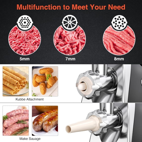 Electric Meat Grinder: 2500W Max, Stainless Steel 3 Blades & 3 Plates. Includes Sausage Stuffer Tube, Kubbe KitHeavy Duty For Home Kitchen & Commercial Use