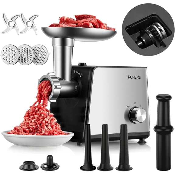 Electric Meat Grinder, Max 3200 Heavy Duty Stainless Steel Meat Grinder with 2 Blades, 3 Grinding Discs, 3 Sausage Filling Tubes and Accessories, Suitable for Home, Kitchen, and Deer Meat Processing