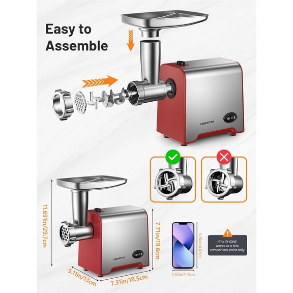 Electric Meat Grinder, Sausage Stuffer Maker 450W Food Grinder with Blade & 3 Plates, Sausage Stuffer Tubes & Kubbe Kit, Stainless Steel Meat Mincer Machine for Home Kitchen Use (Red)