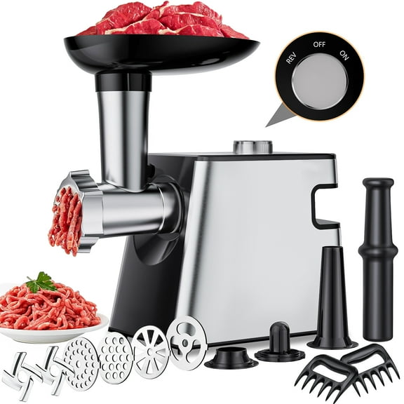 TINANA Electric Meat Grinder 2800W Heavy Duty Sausage Stuffer Machine, 4 Stainless Steel Plates, 2 Blades, Sausage Maker Kit and Kubbe, Multi-Functional Meat Mincer for Home Kitchen Beef Processing