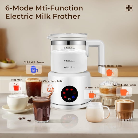 Electric Milk Frother, 6 in 1 Milk Steamer, 17oz Automatic Warm and Cold Foam Maker for Coffee, Latte, Cappuccino, Macchiato, Hot Chocolate (White)