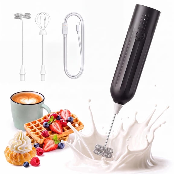 Rechargeable Milk Frother Hanheld, 3-Speed Adjustable Drink Mixer Wand with 2 Detachable Stainless Steel Whisks for Latte, Milk and Protein Powder, Black