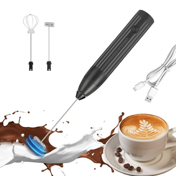 Electric Milk Frother for Coffee,Frother Handheld Rechargeable Electric Whisk with 2 Heads 3 Speeds Drink Mixer Coffee Frother Foam Maker For Latte,Cappuccino,Hot Chocolate,Egg - Black