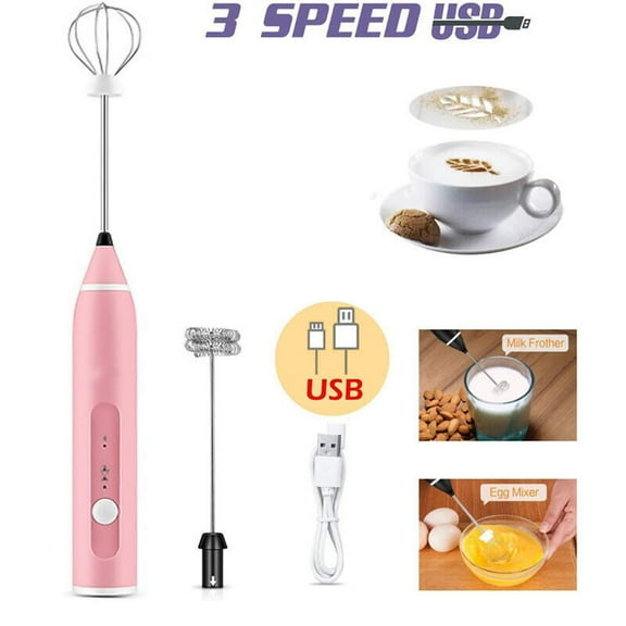 Electric Milk Frother Double Whisk Handheld Coffee Foam Mixer USB Rechargeable - Pink