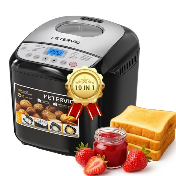 FETERVIC 19-IN-1 Bread Maker, 2LB Bread Machine Nonstick Ceramic Pan Bread Maker Machine for Gluten Free/Dough Maker/Dried Meat Floss/Jam/Yogurt, Breadmaker Recipe,Black