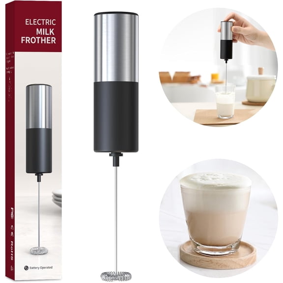Electric Milk Frother Handheld Drink Mixer Hand Coffee Whisk Blender Foam Maker Egg Beater, Battery Operated Stainless Steel Whisk & Body, Milkshake Matcha Whisk, Mousseur Lait lectrique