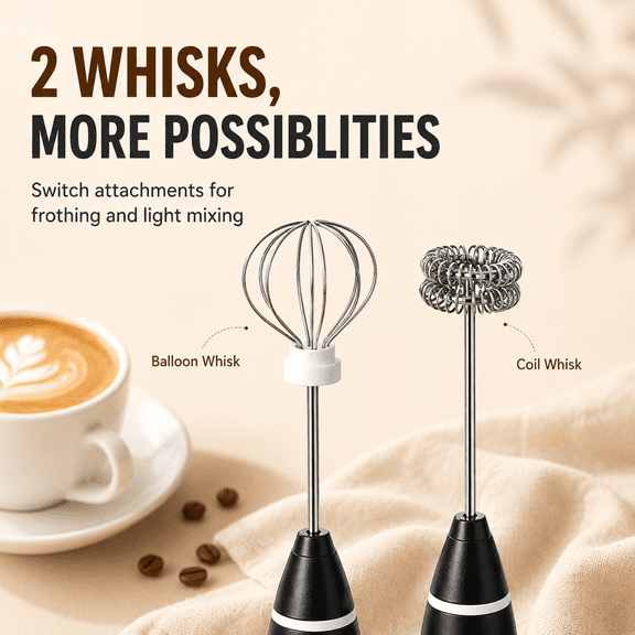 Electric Milk Frother Handheld Foam Maker, USB Rechargeable Adjustable Speed Whisk with Two Stainless Steel Heads for Coffee and Latte