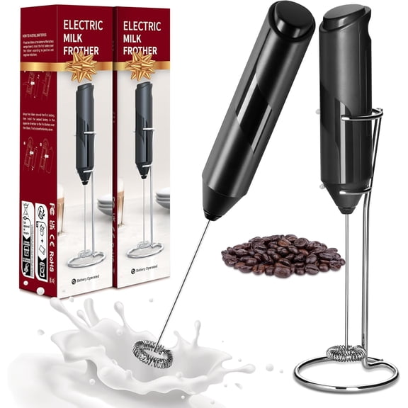 Electric Milk Frother Handheld with Stainless Steel Stand Battery Operated Whisk Drink Mixer for Coffee, Frappe, Latte, Matcha, Hot Chocolate, Mini Hand Blender