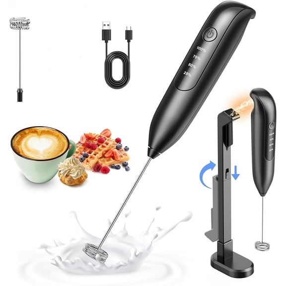 Electric Milk Frother Handheld: coffee frother rechargeable 3 in 1 - LED Display,3 Speeds, Stainless Steel Whisk for Latte, Cappuccino - Black