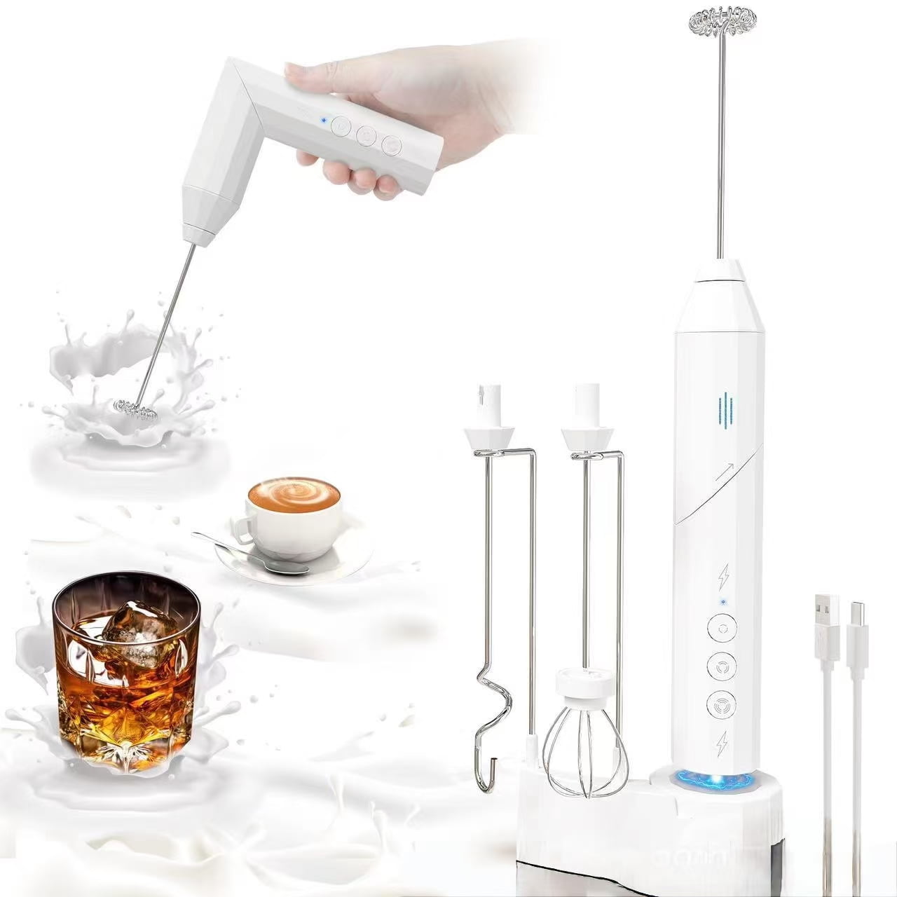 Electric Milk Frother Stainless Steel Coffee Cream Electric Milk Frother Egg Beater Portable Mixer