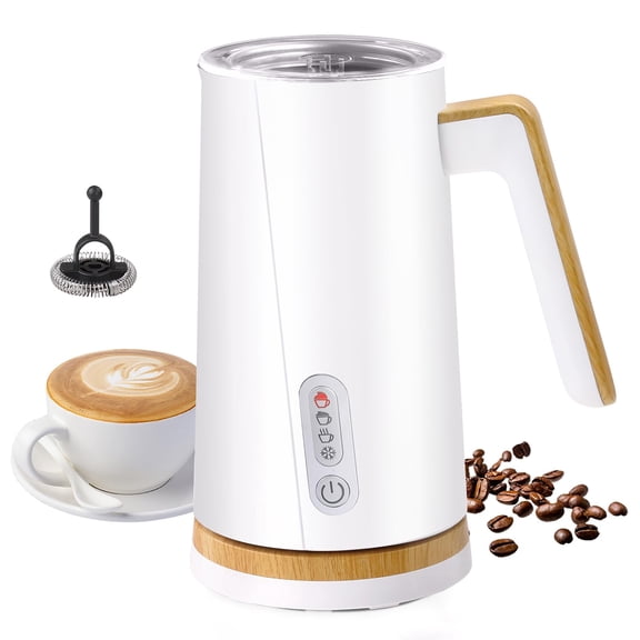 Electric Milk Frother and Steamer, 4-in-1 Milk Steamer with Wood Elements Design, Automatic Hot & Cold Foam Maker for Latte, Cappuccinos, Macchiato, Milk Warmer, Black (white) Y101