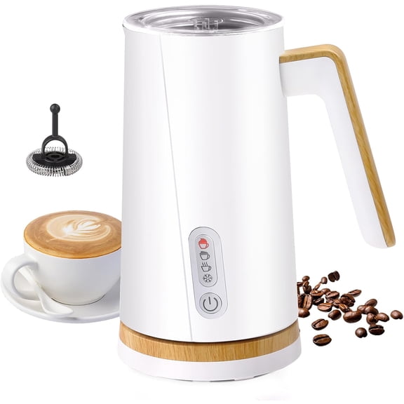 Electric Milk Frother and Steamer, 4-in-1 Milk Steamer with Wood Elements Design, Automatic Hot & Cold Foam Maker for Latte, Cappuccinos, Macchiato, Milk Warmer, Black (white)