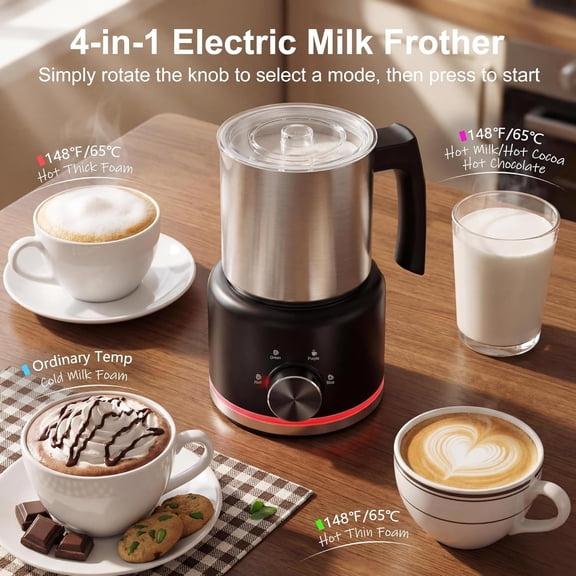 Electric Milk Frother and Steamer, 16.9 OZ 4-in-1 Magnetic Rotating Foam Maker for Coffee Hot Cold with Stainless Steel Cup