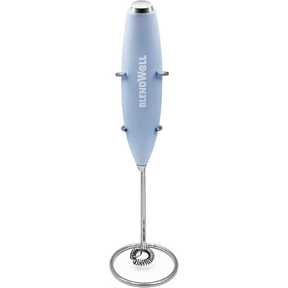 Electric Milk Frother for Matcha and Coffee, Handheld Battery Operated Drink Mixer with Stand, Stainless Steel Whisk, Light Blue