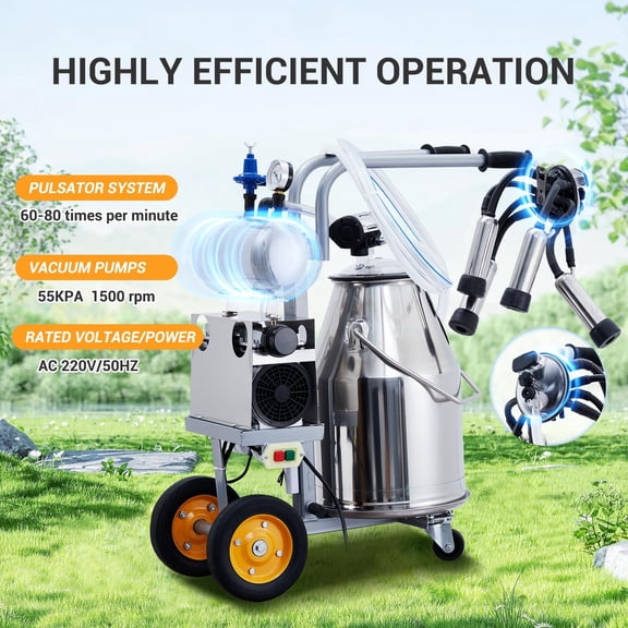 Electric Milking Machine 25L,Milker Machine 5-8 Cows Per Hour, 0.55KW 1680 RPM Milking Equipment with Food-Grade Silicone Cups and Tubes, Single Cow Milking Machine Bucket Milker for Cows and Goat