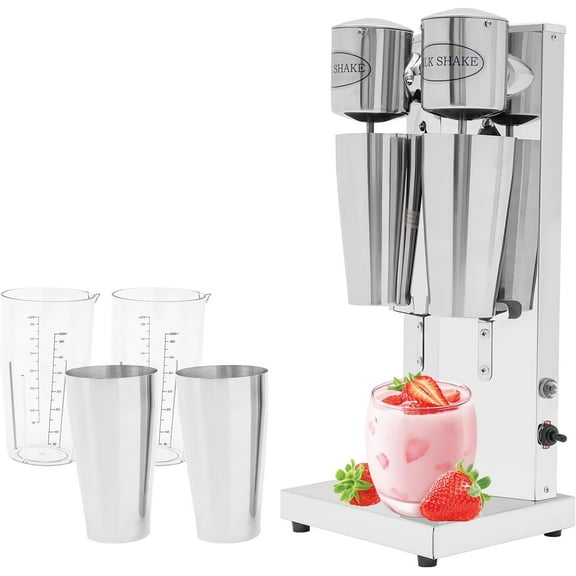 Electric Milkshake Maker, Commercial Stainless Steel Milk Shake Machine Drink Mixer Adjustable Speed Malt Maker Machine Smoothie Milk Foam Tea Mixer Blender + cups (2 Head)
