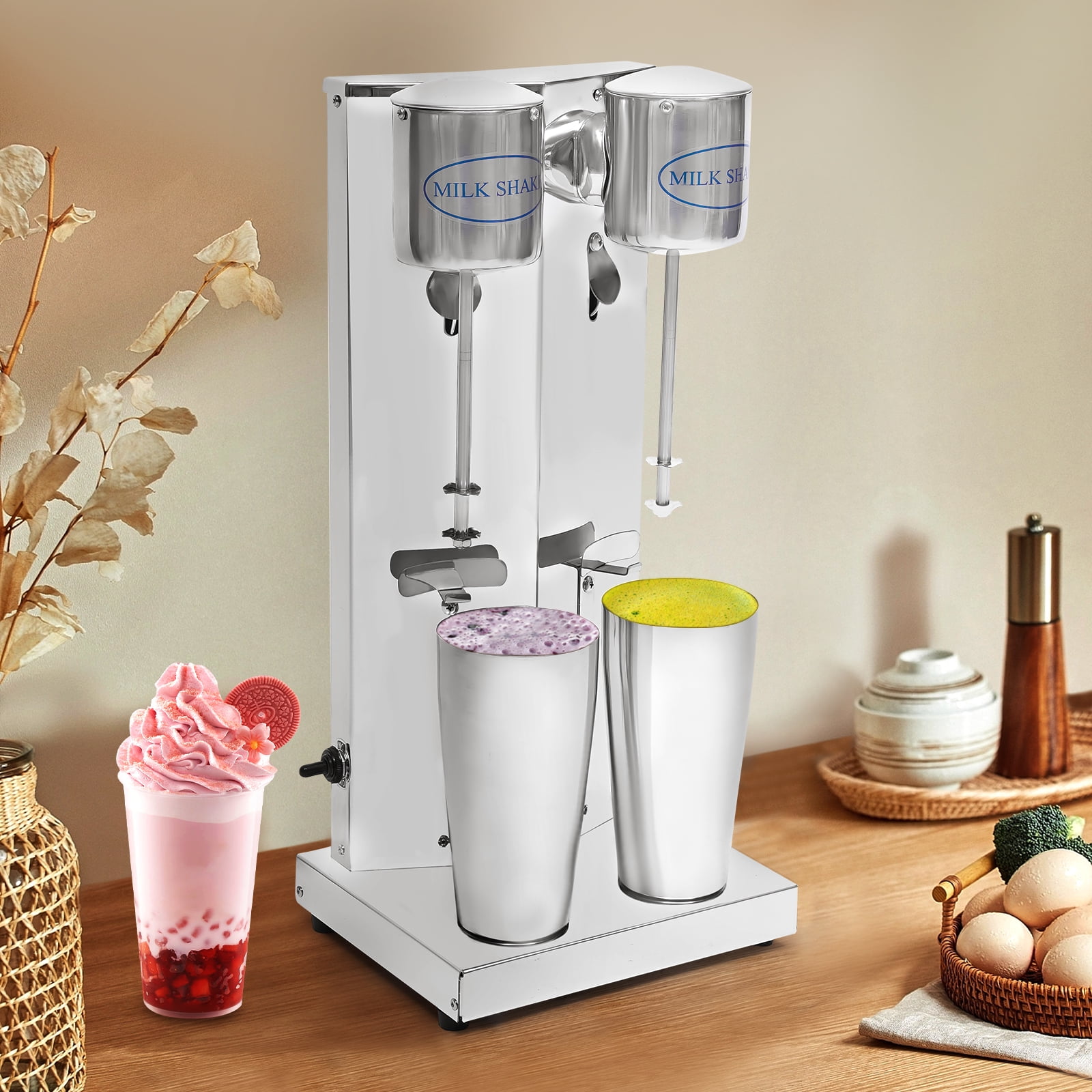 Electric Milkshake Maker Stainless Steel Double Head 2 Speed Adjustable Smoothie Milk Ice Cream Blender 110V 180w for Home Commercial