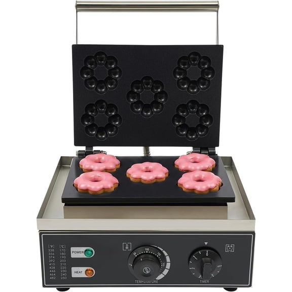 Electric Mini Donut Maker Machine Nonstick Commercial Stainless Steel Doughnut Baker Maker  Baker Machine Makes 5 Blossom-shaped Doughnuts, 1500W